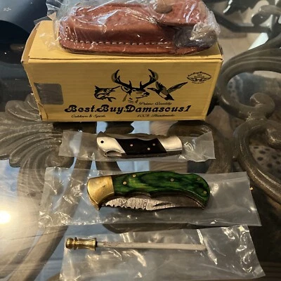 Best.Buy.Damascus1, Pocket Knife Box Set, (2) Knives, Sheath & Sharpening Steel - Image 1 of 4