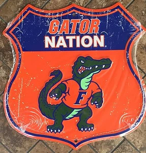 FLORIDA GATORS 12" X 12" SHIELD GATOR NATION METAL SIGN MAN CAVE UNIVERSITY - Picture 1 of 5