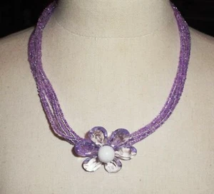 Necklace purple seed beads 6 strands plastic flower pendant 17" long - Picture 1 of 3