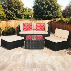 5PCS Wicker Rattan Patio Furniture Sets Outdoor Sectional Sofa Couch w/Cushions - Picture 1 of 19