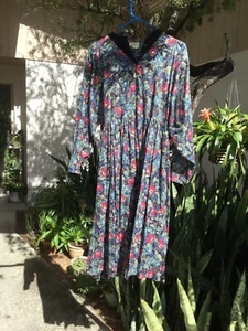 ANASTASIA Paris Vintage 80s 36 FR Cotton Long Sleeve Floral Dress Velvet Insert - Picture 1 of 12