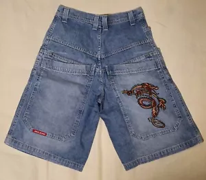 Original JNCO Sz L Vintage USA BAGGY Hip Hop Jeans Short Drache bestickt Y2K - Bild 1 von 12