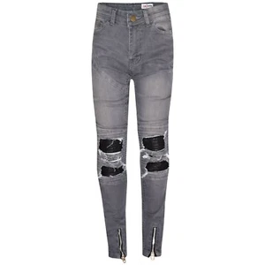 Kids Girls Stretchy Jeans Designer's Grey Ripped Drape Panel Denim Pants Trouser - Picture 1 of 8