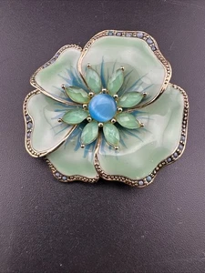 Vintage Liz Claiborne lebendige grasgrüne & blaue Emaille & Katzenauge Blume Brosche - Bild 1 von 13