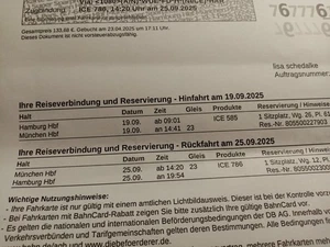 Fahrkarte Bahn ICE HH - München- HH 1.Kl. Sept. 2025 inkl. Sitzplatzreservierung - Bild 1 von 1