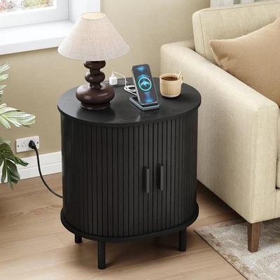 Oval End Table with Storage & Charging Station, Fluted Accent Side Table with... - Image 1 of 4