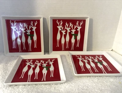 Crate & Barrel Square Reindeer Dishes 4 Appetizer/Dessert Plates Porcelain - Image 1 of 4