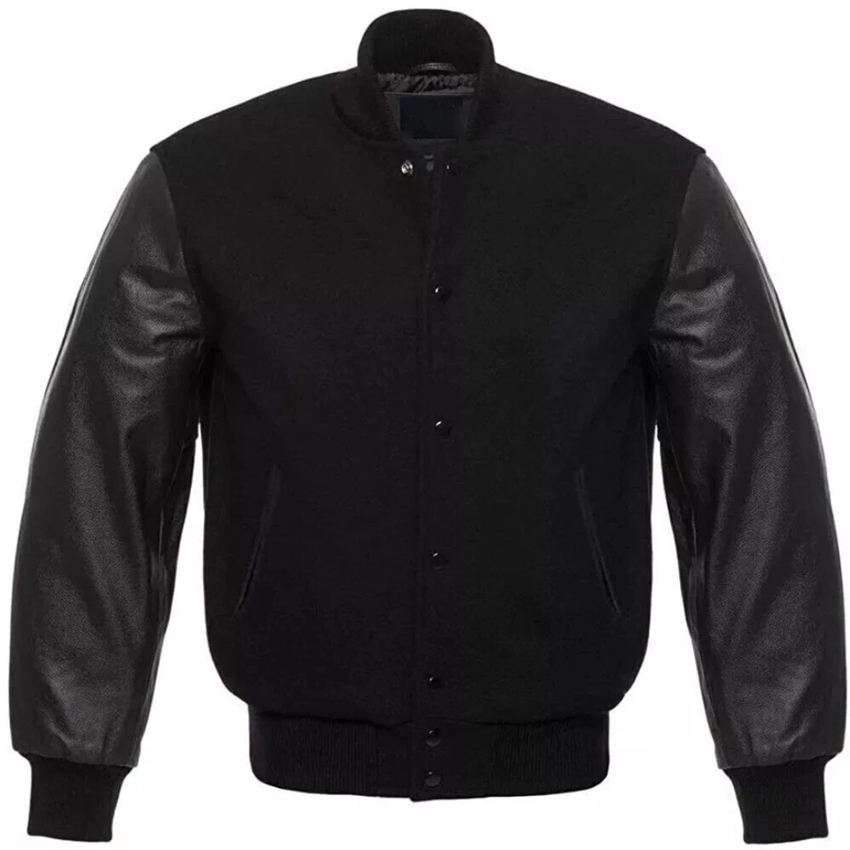 Premium Quality Men's Varsity Letterman Jacket Black Wool Body & Leather Sleeves - Image 1 of 3