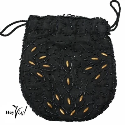 Vintage Beaded Purse Black  w Gold Studs Small Drawstring Bag 5"x6" - Hey Viv - Image 1 of 4