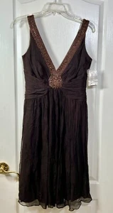NWT Maggy London Women's Silk Beaded V Neck Midi Dress Brown Size 10 New - Picture 1 of 10