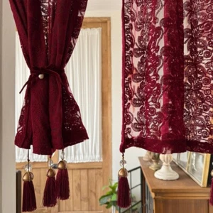 1pc Rouge Dentelle Rideau Cristal Frange Floral Salle à Manger Fenêtre Porte - Foto 1 di 8