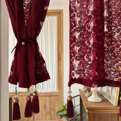 1pc Rouge Dentelle Rideau Cristal Frange Floral Salle à Manger Fenêtre Porte - Photo 1/4