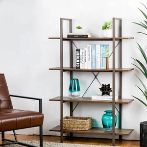 Librerías Glitzhome Industria Moderna Metal Madera Marco H Estantes de Piso de 4 Niveles - Imagen 1 de 12