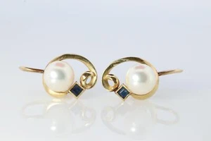 Mikimoto Earrings. 14k Gold Mikimoto Pearl and Sapphire Clip Ons. Unpierced - Picture 1 of 6