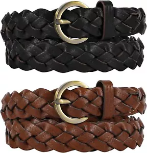 XZQTIVE 2 Pieces Women's Braided Leather Belts Casual Skinny Woven Belt for Jean - Picture 1 of 13