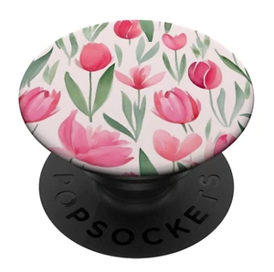 Rosa weißes Tulpenmuster mit grünen Blättern cremefarbener Hintergrund PopSockets PopGrip - Bild 1 von 8