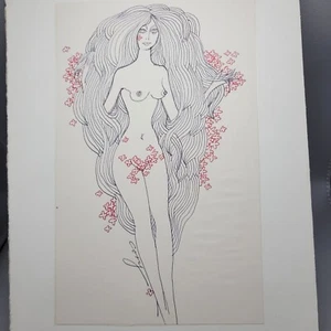 Vintage C. Cory Art Original Nude Woman Long Flowing Hair With Flowers - Picture 1 of 10