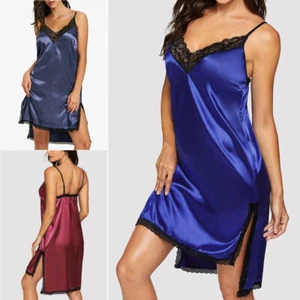 Knee Length Long Nightdress Lady Satin Sexy Babydoll Lingerie Silk Nightgown USA - Picture 1 of 19