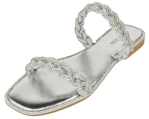 Top Moda Women Sandals Double Strap Slides Bling Rhinestone Crystals LIZ Silver - Picture 1 of 2