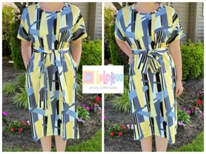 LULAROE MARLY MIDI DRESS POCKETS SASH BELT YELLOW GEOMETRIC SCUBA XL NWT UNICORN - Picture 1 of 9