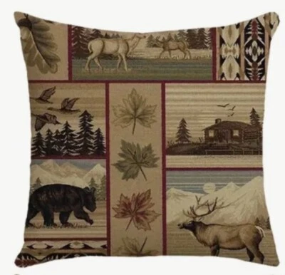 Bear Moose Stag Deer Fish Rustic Lodge Cabin Hunting Throw Pillow Cover Man Cave - Image 1 of 3