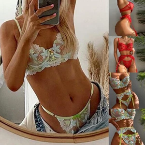 Sexy Ladies ❤️ Women Floral Lace Mesh Bra Set G-String Thong Nightwear Lingerie - Picture 1 of 12