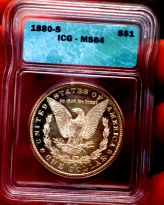MORGAN SILVER DOLLAR 1880 S ICG MS 64 OLD HOLDER REV PL AND OBV RAINBOW WOW COIN - Image 1 of 4