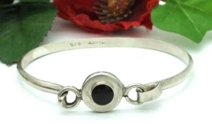 Mexico 925 Sterling Silver w/ Black Onyx Hinged Bracelet Vintage - Picture 1 of 8