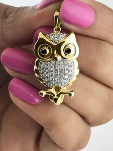 Yellow Gold Plated Silver 0.50cts Natural Moissanite Mens Mini Owl Charm Pendant - Picture 1 of 4