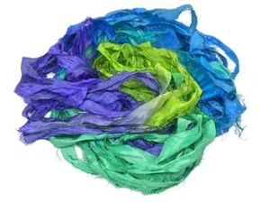 Recycled Sari Silk Ribbon - Blue Green Yarn - Sari Silk Ribbons - Silk Strips - Picture 1 of 6