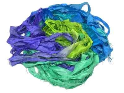 Recycled Sari Silk Ribbon - Blue Green Yarn - Sari Silk Ribbons - Silk Strips - Image 1 of 4