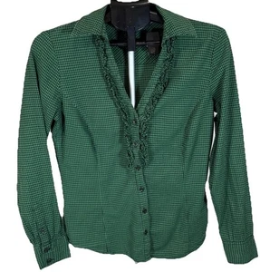 New York & Co. Green Plaid Gingham Ruffle Accented Button Up Blouse Size M - Picture 1 of 6