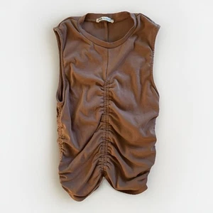 Zara Womens Solid Taupe Brown Ruched Crew Neck Sleeveless Top Cotton L - Picture 1 of 13