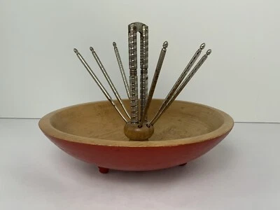 Vintage Wood Nut Bowl (70’s) Cracker & Picks Original Red Chippy Paint - Image 1 of 4