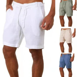 Mens Cotton Linen Shorts Pants UK Summer Beach Loose Drawstring Waist Short - Picture 1 of 12