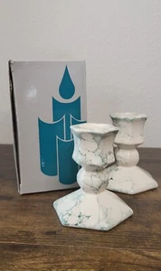 PartyLite 7/8" Terrazzo Pair Green Cream Marble Look Candlestick Holder P0591 - Picture 1 of 6