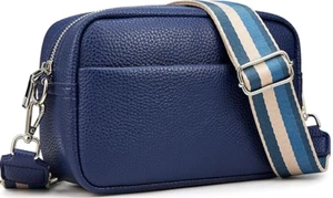 Navy Dark Blue Leather Shoulder Bag Handbag Zipper Square Crossbody Wide Strap - Picture 1 of 6