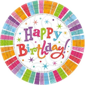 Radiant Birthday Modern Stripe Bright Adult Kids Party 9" Paper Dinner Plates - Picture 1 of 1