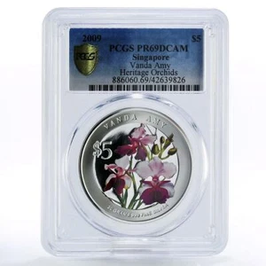 Singapore 5 dollars Flowers Vanda Amy PR69 PCGS colored proof silver coin 2009 - Picture 1 of 2
