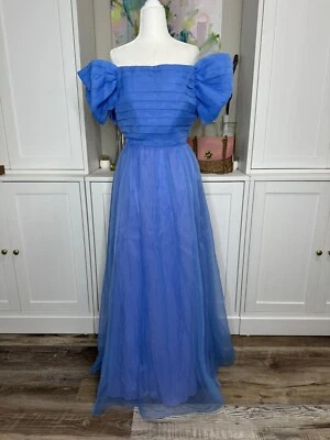1980s Harry Acton For After Five Blue Prom Dress Formal Poofy Shoulder Bows 10  - Image 1 of 4