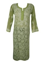 Women Long Sleeve Georgette Sheer Tunic Green Embroidered Boho Caftan BeachDress