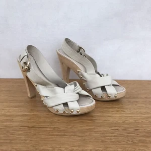 🍁 Womens Wittner Stacie Leather Wood Wooden Slingback Heels White Size 37 6 - Picture 1 of 7