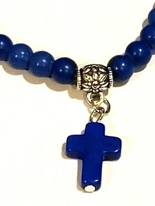 Blue Vintage Cross Natural Stone 6mm Beaded stretch Bracelet  - Picture 1 of 3