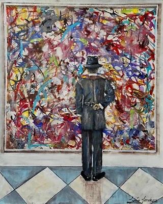 PINTURA AL ÓLEO ORIGINAL DE MARIO MENDOZA HOMBRE CON REVÓLVER ELEGANTE TRAJE ABSTRACTO Foto 1 de 4