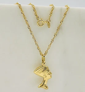 9ct Real Yellow Gold Egyptian Queen Nefertiti Pendant Necklace 18 inch - Picture 1 of 8