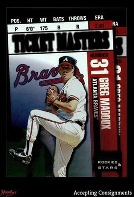 1998 Leaf Rookies & Stars Ticket Masters Greg Maddux Chipper Jones 1473/2500 - Image 1 of 2