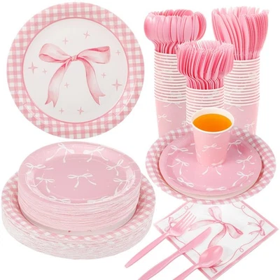 350 piezas platos y servilletas con lazo rosa, 50 suministros de fiesta coqueta para invitados incluidos... Foto 1 de 4