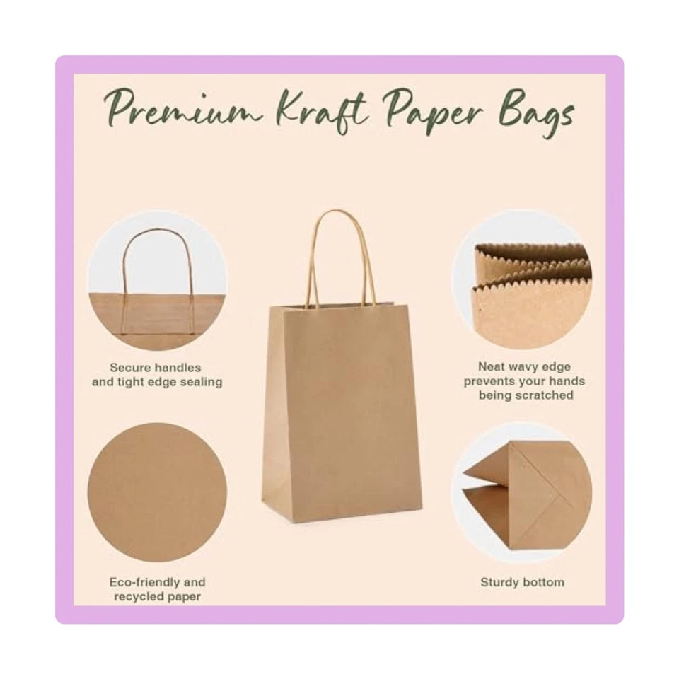 Paquete de 100 bolsas de papel de regalo 5,25x3,75x8 pulgadas pequeñas bolsas de papel marrón con  Foto 1 de 1