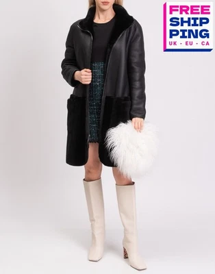 PVP €2600 EMPORIO ARMANI Abrigo de piel de oveja EU44 US8 UK12 L Negro Cuello alto Foto 1 de 4