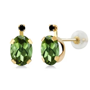 14K Yellow Gold Green Tourmaline and Black Diamond Earrings For Women (1.71 - Picture 1 of 3